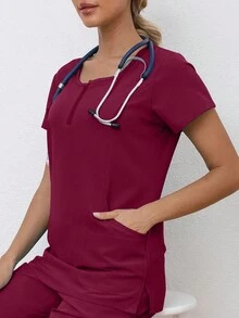 女式短袖护士制服手术服套装（带裤子和口袋） - 酒紅色 - 查看 3