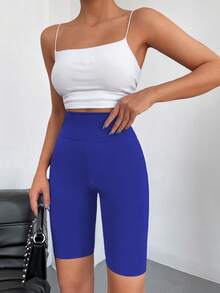 Wide Waistband Biker Shorts - Blue - View 5