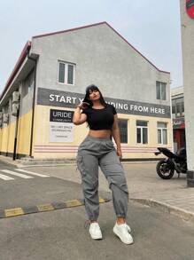 POPSWAY Plus Size Casual Solid Color Multi-Pocket Drawstring Trousers Cargo Pants