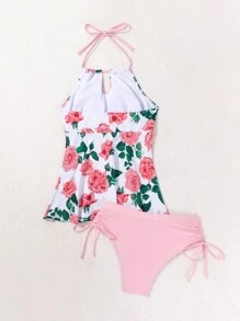 Swim Lushoire Floral Print Drawstring Side Spaghetti Strap Tankini Summer - Multicolor - View 7