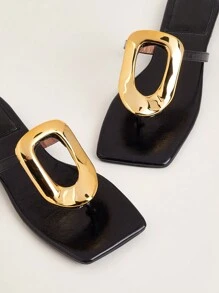派對/假日/休閒黑色方頭金屬扣扁跟涼鞋