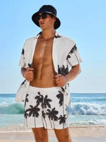 Manfinity Conjunto de camisa de manga corta y pantalones cortos casuales para hombre, conjunto de playa con estampado aleatorio, ropa de playa con gráficos, para vacaciones en la playa - Blanco - Ver 3