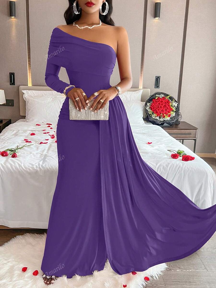 Amarilo Solid Color Asymmetric Neck Ruched Elegant Long Sleeve Dress