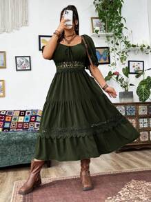 Flirla Plus Size Holiday & Leisure Solid Color Lace Patchwork Dress With Sweetheart Neckline - Army Green - View 5