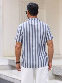 GENTILAND Loose Fit Men's Cotton Striped Print Shirt - Blue and White - View 2