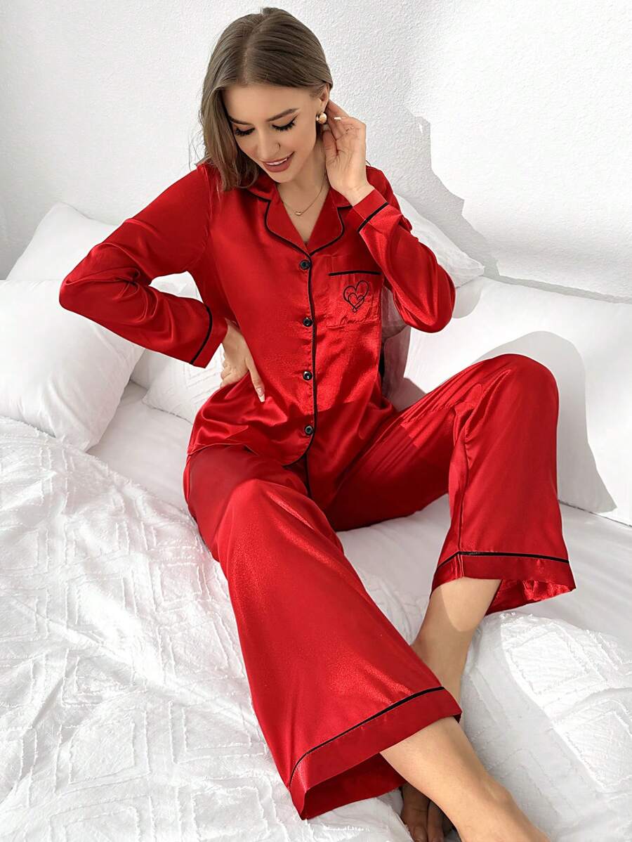 LuxeNights Women's Contrast Color Edged Collar Button-Front Pajamas Set With Pocket And Heart Embroidery Detailing, Home & Loungewear Made Of Imitation Silk, Fall Winter Clothes Cozy And Elegant Details - Red - View 1
