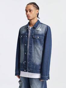 Chillumni Men's Deep Blue Ripped Denim Streetwear Set