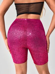 SHEIN SXY Fall Clothes Lift Buttocks High Waist Glitter Biker Shorts - Hot Pink - View 1