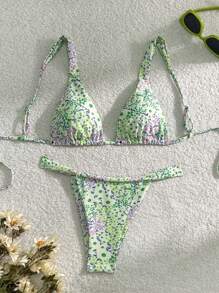 SHEIN Swim 女士夏季海灘小花性感比基尼套裝（隨機印花） - 彩色 - 查看 1
