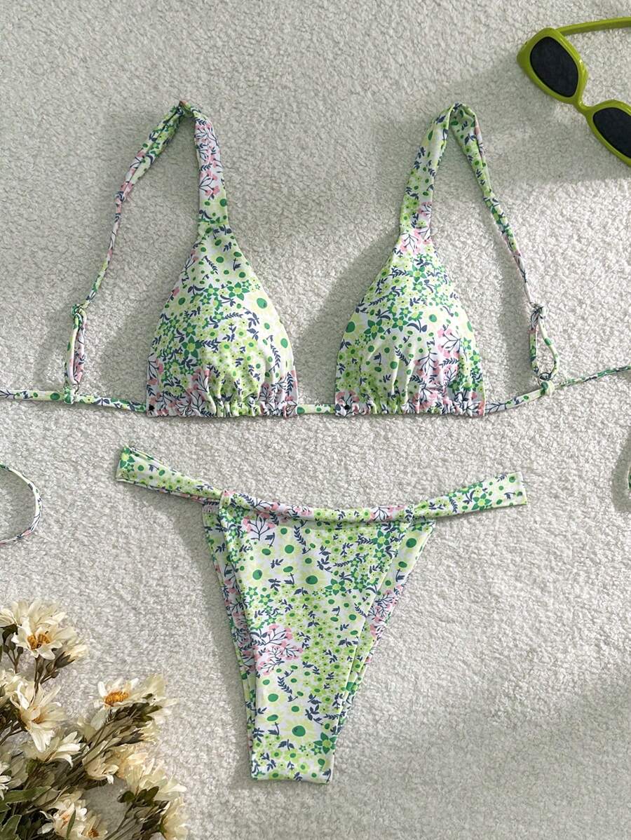 SHEIN Swim 女士夏季海灘小花性感比基尼套裝(隨機印花) - 彩色 - 查看 1