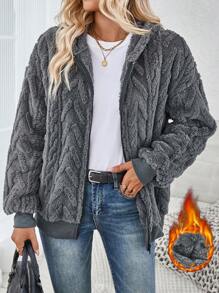EMERY ROSE Grey Plush Texture Long Sleeve Zippered Hooded Jacket In Fall/Winter - Dark Grey - View 8