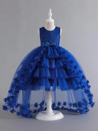 Glamorique Kids Young Girl Butterfly Embellished High-Low Tulle Princess Dress, Ideal For Birthday Or Casual Party Royal Blue Dress For Girlsroyal Blue Dress Girls
