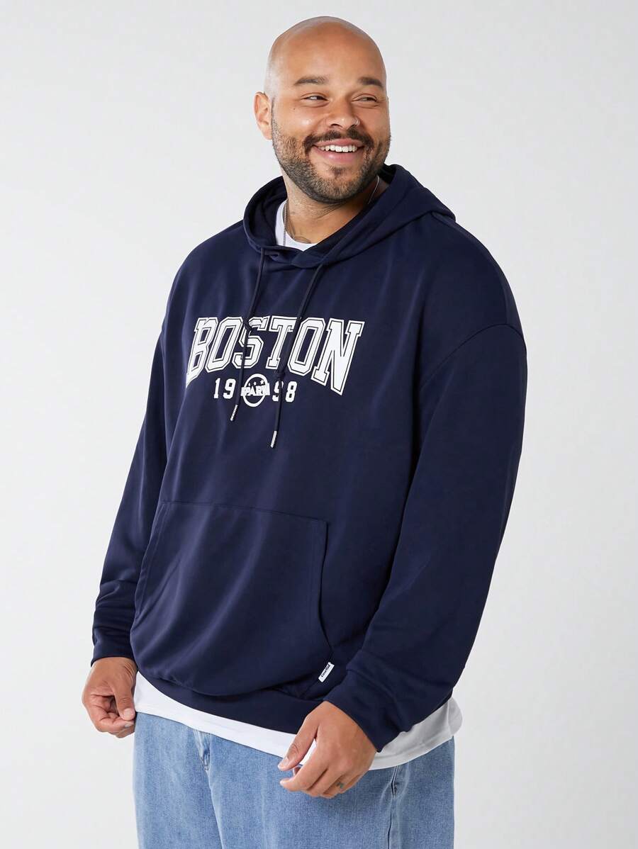 Manfinity VCAY Men's Plus Size Casual Knitted Hoodie With Letter Printed Emblem, Loose Fit Drop Shoulder, Long Sleeve Sweatshirt Suitable For Autumn And Winter, Daily Wear - Blue - View 1