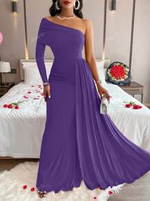 Amarilo Solid Color Asymmetric Neck Ruched Elegant Long Sleeve Dress