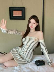 DAZY 女士条纹露肩长袖针织连衣裙露肩，秋季服装女士毛衣连衣裙