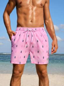 Manfinity Men's Pineapple Print Drawstring Waist Loose Fit Beach Shorts For Vacation