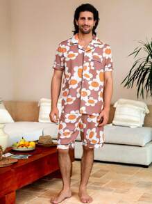 Men's Floral Printed Front Button Short Sleeve Top And Shorts Homewear Set