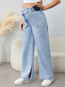 SHEIN Jeans anchos de embarazo con cintura asimétrica, bajo dividido y pernera ancha para mamá en otoño