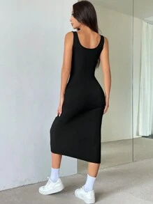 Flirla Đầm Maxi Cổ Vuông Xẻ Đùi Cài Nút Phía Trước Trang Phục Nữ - màu đen - Xem 2