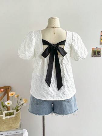 SHEIN Privé 加大码女式撞色蝴蝶结后背衬衫，提花面料后背系带白色衬衫，适合秋季返校