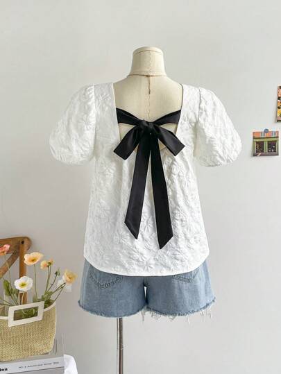 SHEIN Privé Plus Size Women Contrast Color Bow Tie Back Shirt, Jacquard Fabric Back Tie White Blouse, Suitable For Back To School In Fall