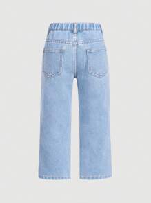 SHEIN Young Girl Distressed Straight Leg Jeans In Washed Blue, Y2K Pink Heart Print - Light Wash - View 2