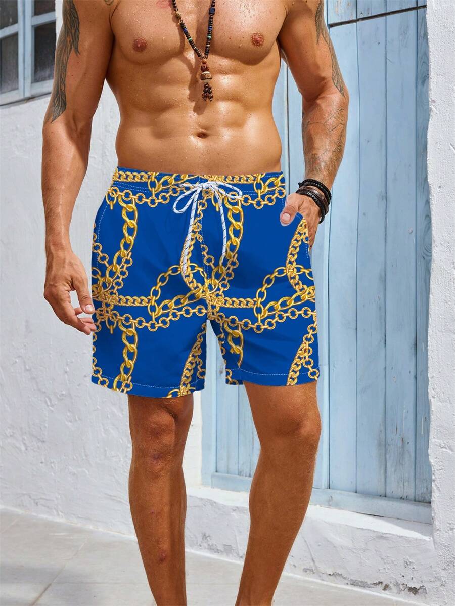 Manfinity Swimmode Men's Chain Printed Casual Daily Beach Shorts Swim Trunks - Multicolor - View 1