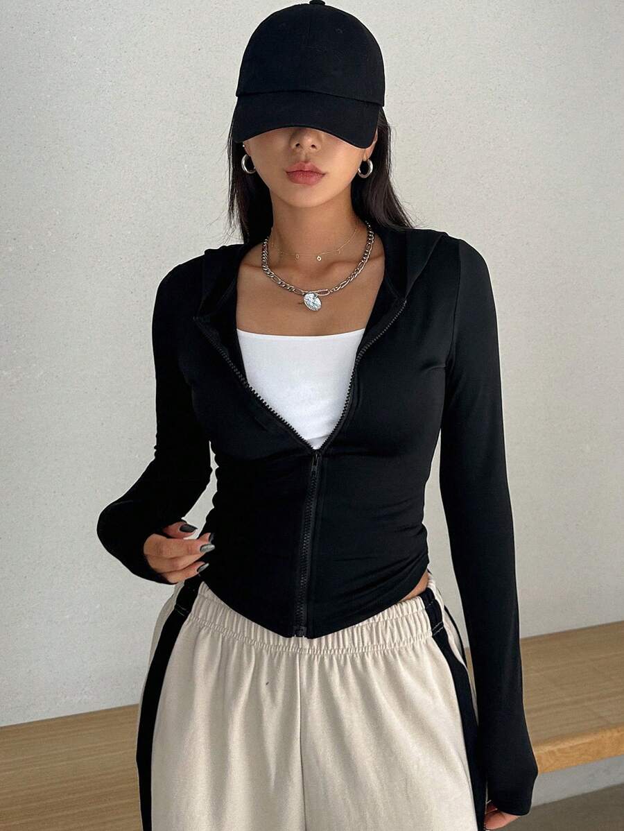 DAZY 女士修身连帽开衫 T 恤女式夹克，秋季女装 - 黑色 - 查看 1
