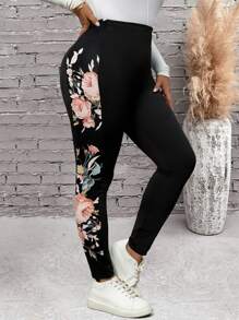 EMERY ROSE Plus Size Women's Printed Patchwork Leggings, Tight-Fitting Pants