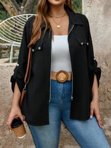 EMERY ROSE Plus-Size Fall Women Clothes Black Cargo Style Style Teacher Shirts With Pockets And Zipper For Autumn & Winter Tops With Sleeves Business Casual Woman Work Blouse Business Blouse - Black - View 7