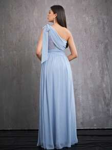 Mgiacy Sequined One-Shoulder Wrapped Chest Pearl Chiffon High-End Evening Dress - Blue - View 2