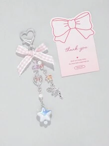 ROMWE Kawaii 1pc Sweet And Lovely Schoolgirl-Style Pink Plaid Woven Ribbon Bow Crystal Star Heart Pearl  Pendant Keychain Bag Charm, Suitable For Women And Students' Daily Decoration And Festival Gifts