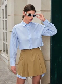 Solid Pocket Patched Shirt & Pleated Skirt Fall Cloth For Women - Khaki - View 7