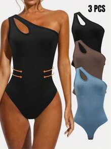 SHEIN Velisys Women Asymmetric Neck Sports Bodysuit - Multicolor - View 1