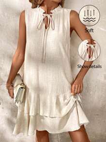 SHEIN Clasi 女士純色無袖A字裙，適合日常穿著 - 杏色 - 查看 1