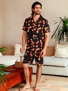 Manfinity ChillVibe Men's Floral Print Button-Front Short Sleeve Top And Shorts Homewear Set - Multicolor - View 8