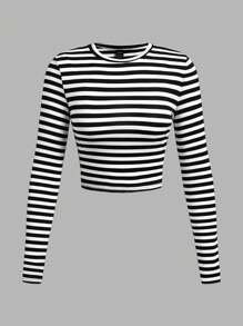 SHEIN EZwear 3 chiếc áo thun tay dài cổ tròn in họa tiết sọc, ngôi sao, quả anh đào đơn giản, giản dị dành cho nữ, phù hợp cho mùa thu/đông - Đen và trắng - Xem 9