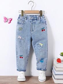 Young Girl Sweet And Cute Academy Style Cherry Heart Embroidery Bowknot Water Wash Light Blue Denim Jeans, Kids' Tapered Pants Summer Holiday - Light Wash - View 1