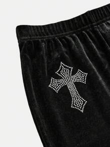 SHEIN Girlism Tween Girls Daily Casual Black Solid Color Velvet Flare Leg Pants