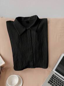 Comfortcana Woven Women's Casual Short Sleeve Crop Top - Black - View 4