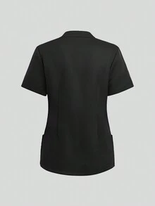 Bộ đồng phục scrub áo sơ mi tay ngắn nửa xếp ly có khóa kéo và quần cạp rút - màu đen - Xem 7