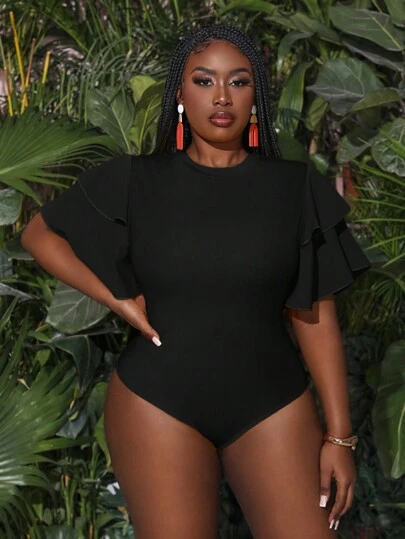 Slaydiva Plus Size Vacation Leisure Multilayer Ruffle Sleeve Bodycon Bodysuit