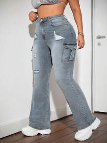 SHEIN ICON Plus Size Sexy Street Style Skinny Flare Jeans With Distressed Design And Tool Pockets, Blue - Medium Wash - View 3
