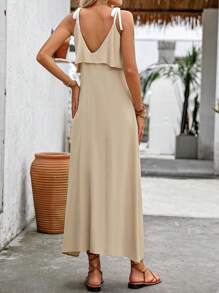 SHEIN LUNE Women's Elegant And Gentle Spaghetti Strap Backless Ruffle Hem Sleeveless Dress - Apricot - View 2