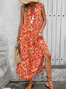 Breezaya Women's Random Printed Sleeveless Casual Dress, Simple Style For New Year Clothes Maxi Vacation Beach Outfit - Red - View 4