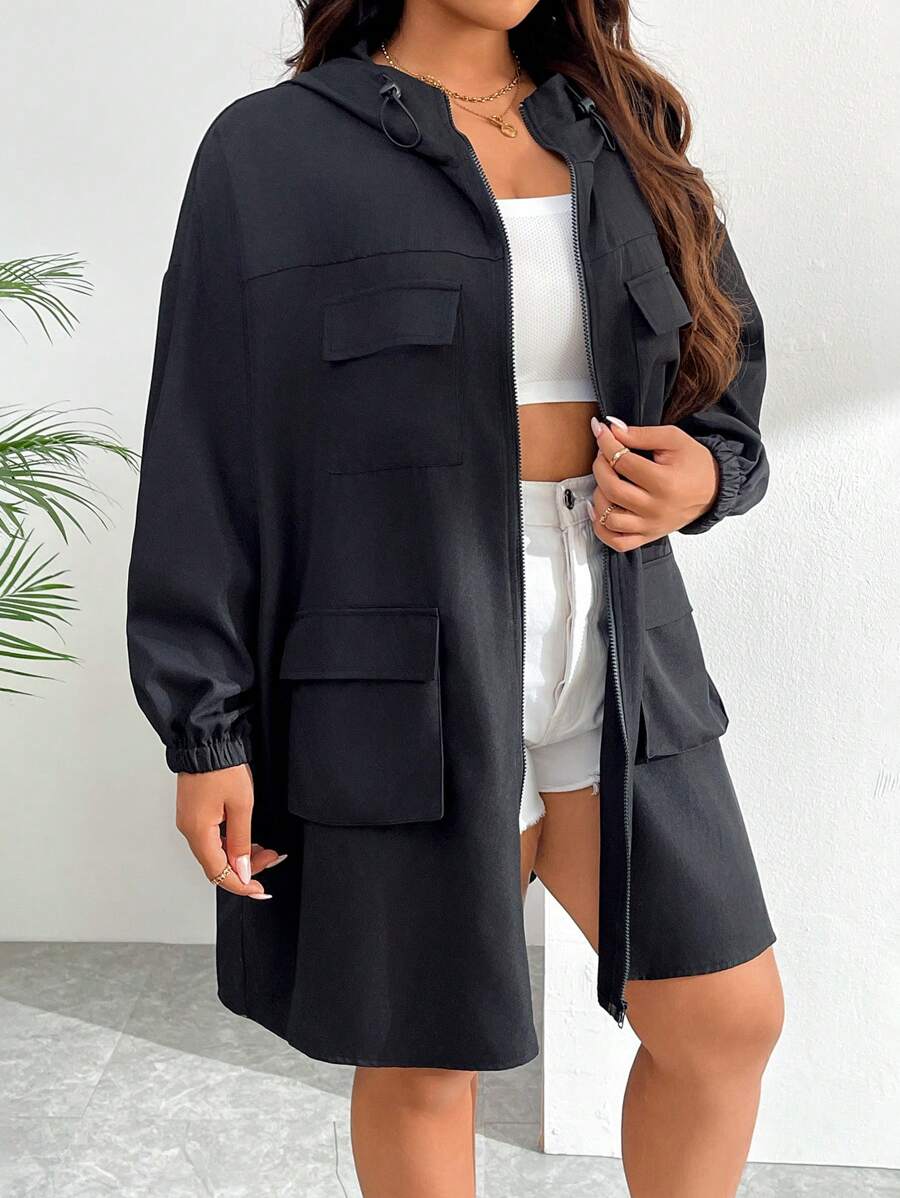 SHEIN EZwear Plus Size Front Zipper Multi-Pocket Hooded Jacket In Fall/Winter