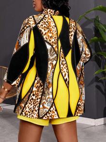 Maweii Plus Size Summer Fashion Printed Patchwork Roll-Up Sleeve Shirt And Solid Color Shorts 2pcs Set - Yellow - View 3