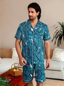 Manfinity ChillVibe Men Tropical Print Button Front Shirt & Short PJ Set / Pajama Set - Multicolor - View 6