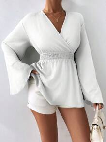 LUNE VCAY Women's V Neck Back Tie Gathering Waist Detailed Special Summer Fabric Blouse - White - View 5