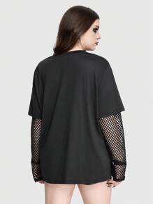 ROMWE Plus Size Summer Gothic Forest Printed Loose T-Shirt With Contrast Mesh, School
